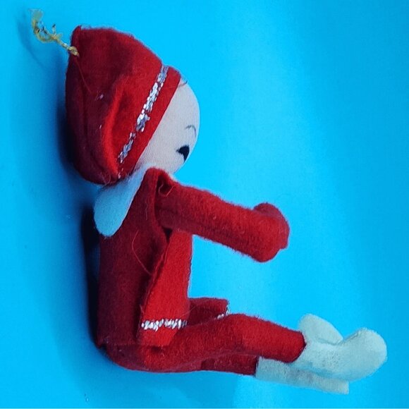 1950s Pixie Knee Hugger Elf Ornament Red White Poseable 5" Sockinette - Picture 6 of 11